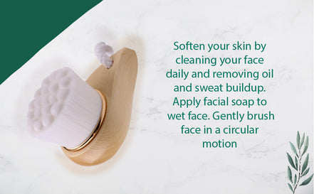 Facial cleansing brush with text on a light background