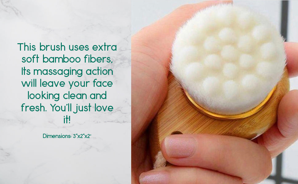 Hand holding a facial cleansing brush with text about its features.