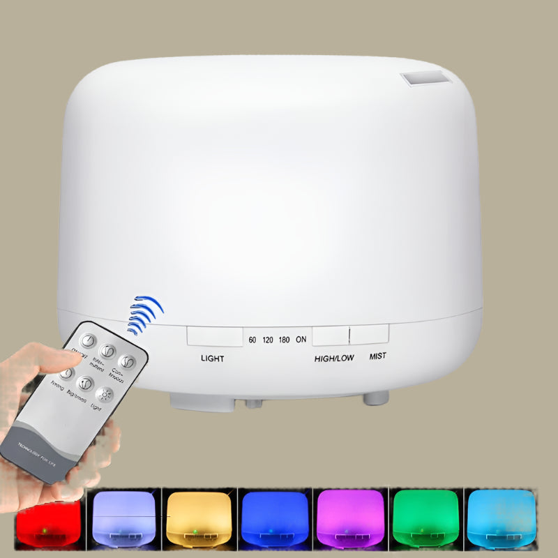 White humidifier with remote control and color-changing lights on a white background