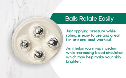 Round white device with four metallic balls on a light background, featuring text about its use.