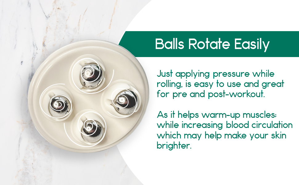 Round white device with four metallic balls on a light background, featuring text about its use.