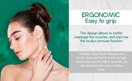 Woman massaging her neck with a green background and text about ergonomic design.