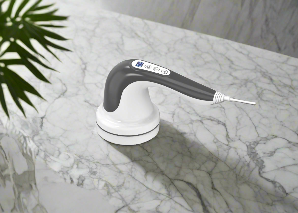 Handheld electronic device with a white base and black handle 