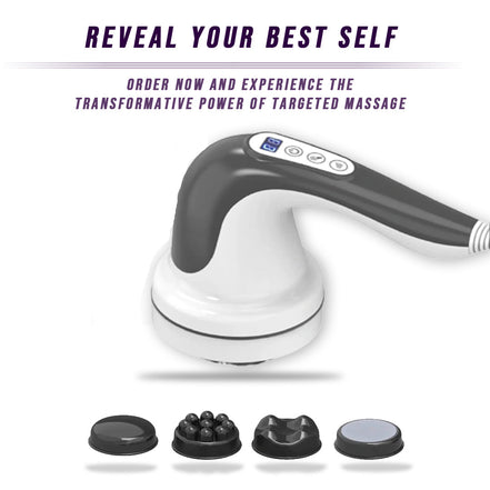 Handheld massage device with attachments featuring text about targeted massage.