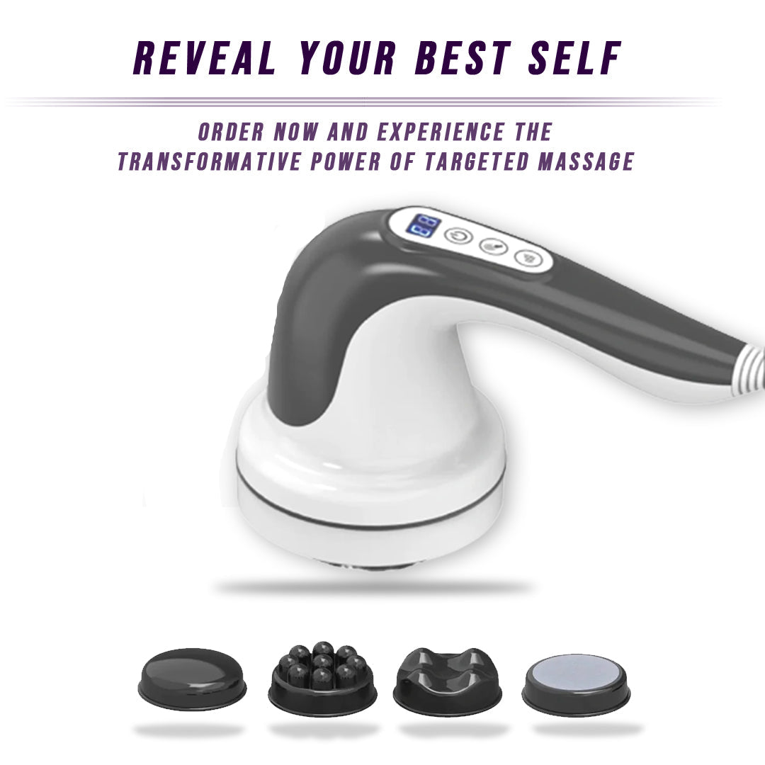 Handheld massage device with attachments featuring text about targeted massage.