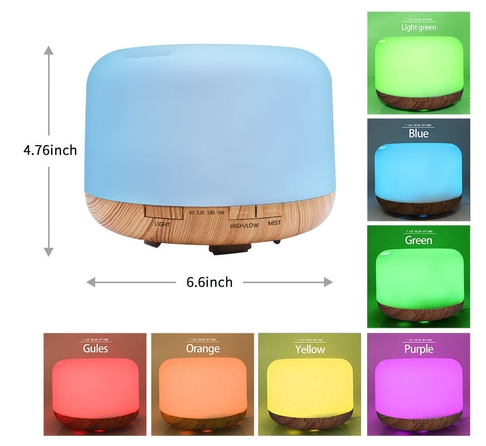 Colorful diffuser with dimensions and color options displayed