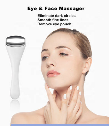 Eye and face massager with a woman's face and neck on a white background
