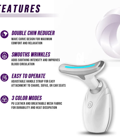 White device with wave curve design on a white background, featuring text about its features.