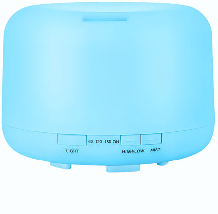 Blue ultrasonic humidifier with control panel on a white background