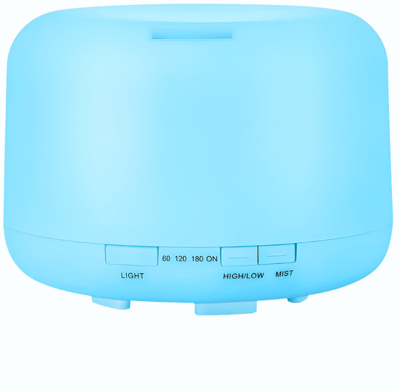 Blue ultrasonic humidifier with control panel on a white background