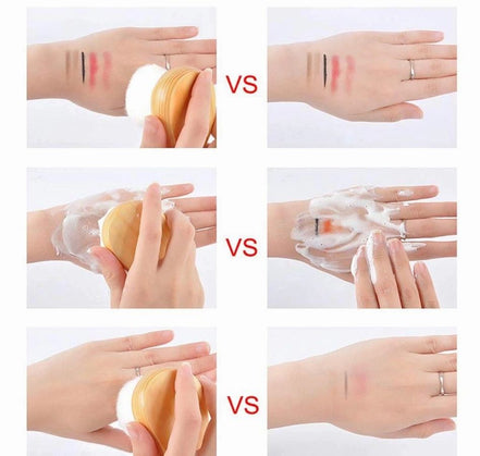 Comparison of makeup products on hands with a white background