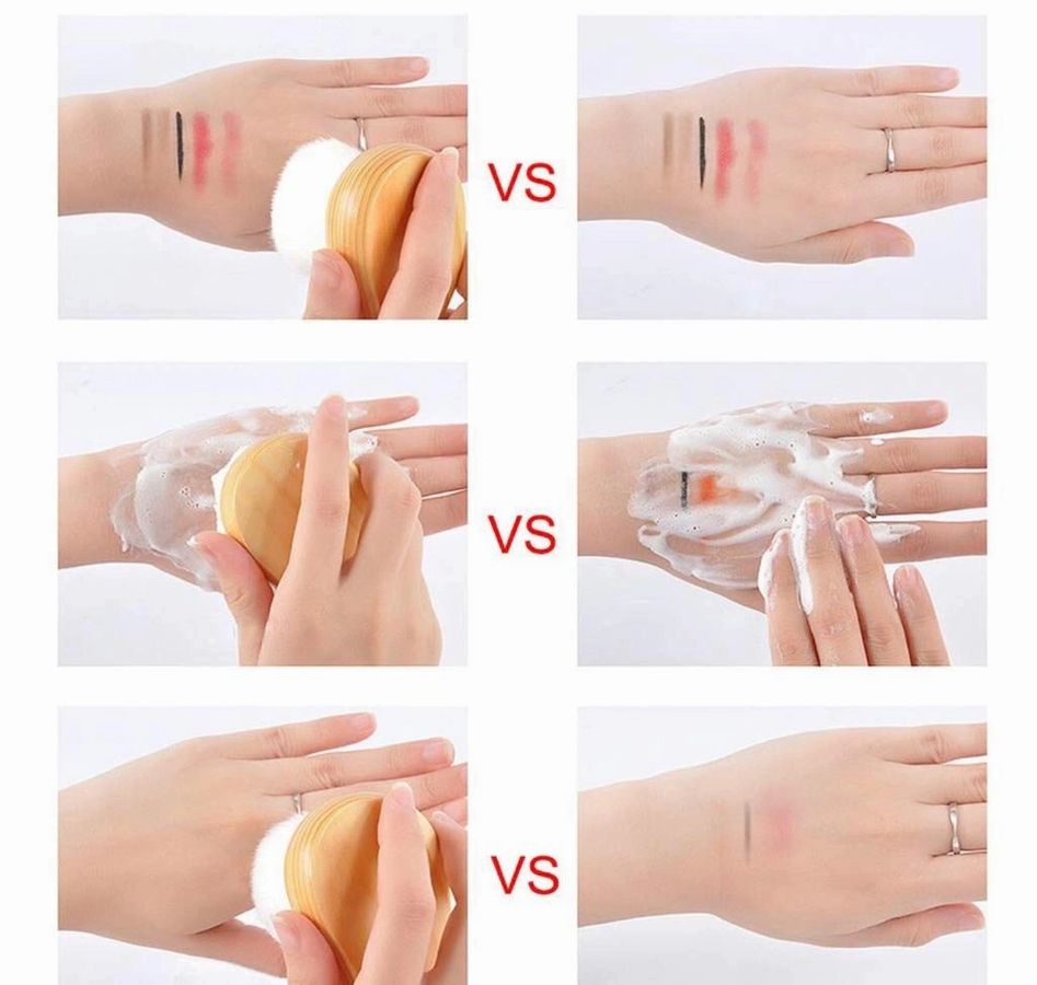Comparison of makeup products on hands with a white background